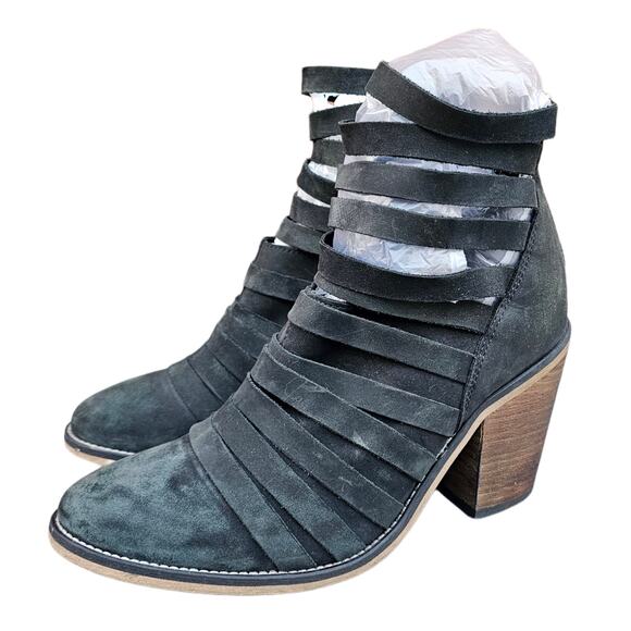 Black Leather Strappy Ankle Boots Free People Hybrid Size EU 39 Cage Bootie Zip - Picture 3 of 13